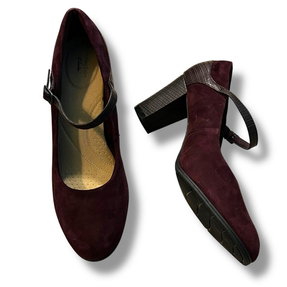 NEW Clarks Collection Alayna Shine Mary Jane Pumps Womens 11 Burgundy Chunk Heel